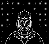 Lichpin portrait. A pixel art robed skeleton with large round glasses.